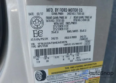 2017 Ford Expedition Limited z USA, uszkodzony, nr VIN 1FMJU2AT9HEA53576